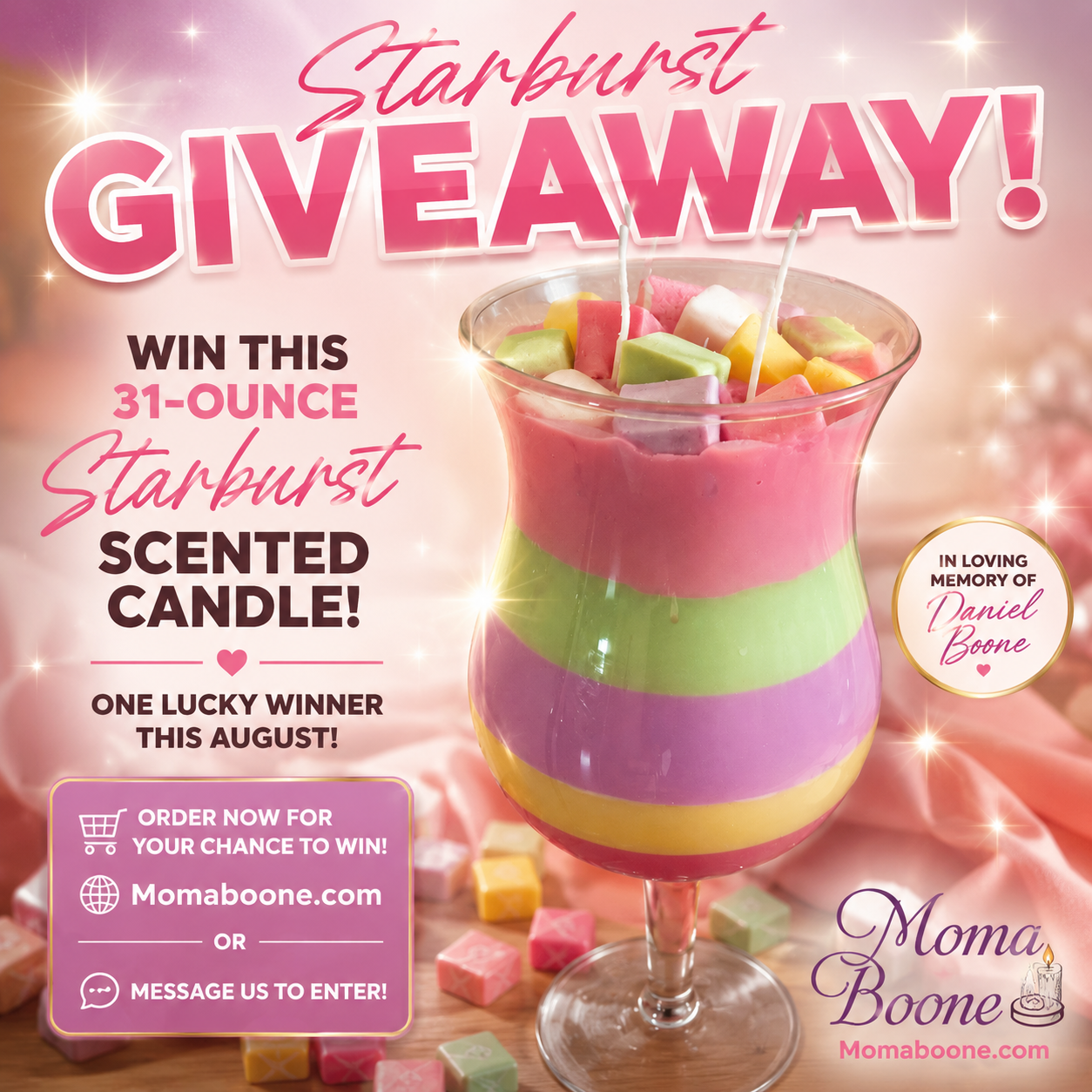 Moma Boone 31 oz Starburst scented candle giveaway — in loving memory of Daniel Boone