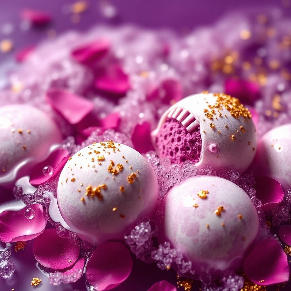 Luxury bath bombs with rose petals and gold flakes